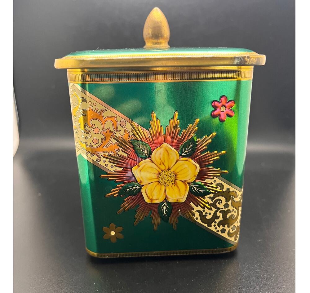 MCM Green & Gold Baret Ware Tea Biscuit Tin w/Lid Vintage kitchen storage